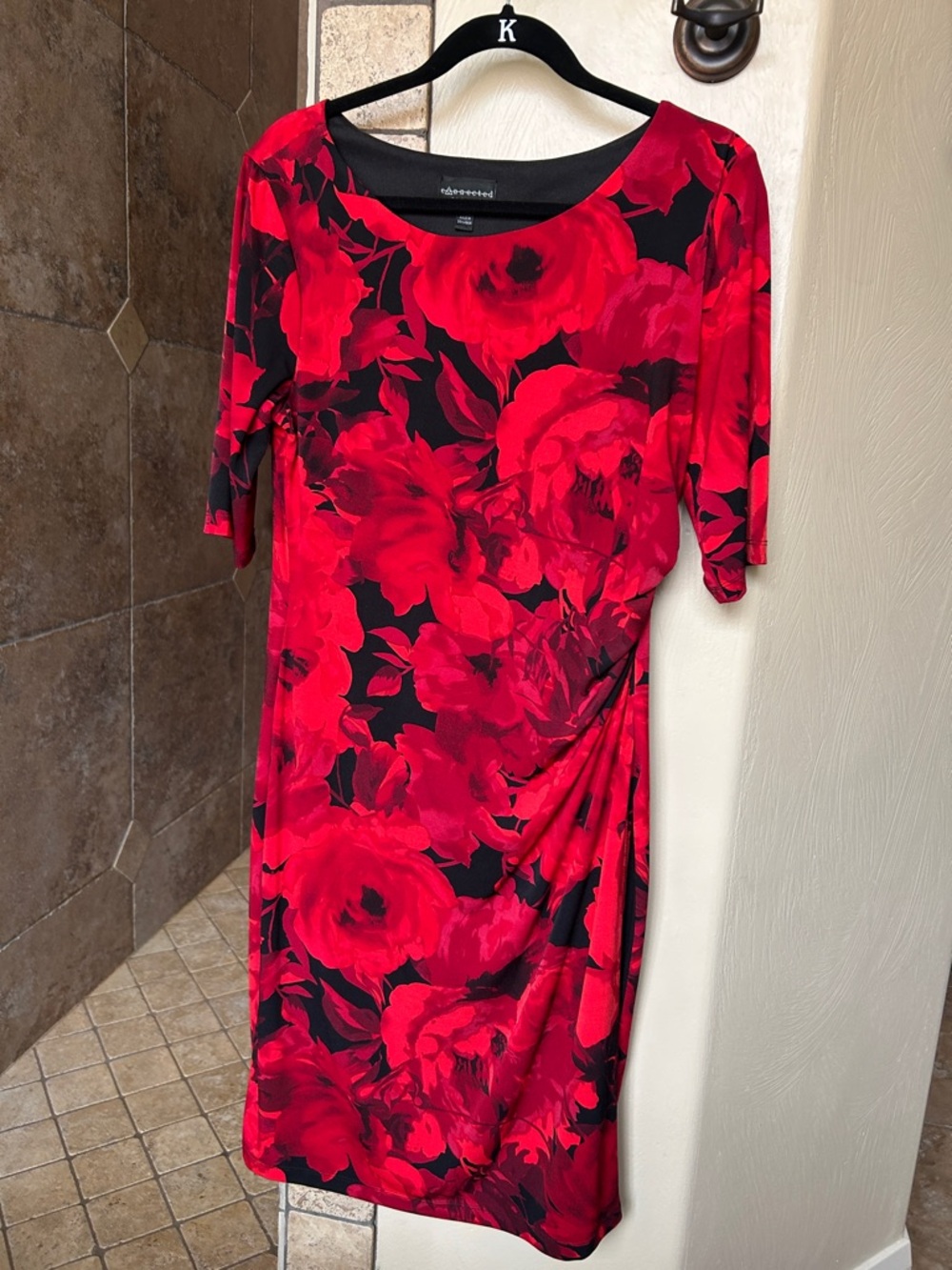 connected apparel Red and Black Floral Midi Dress with Side Ruching